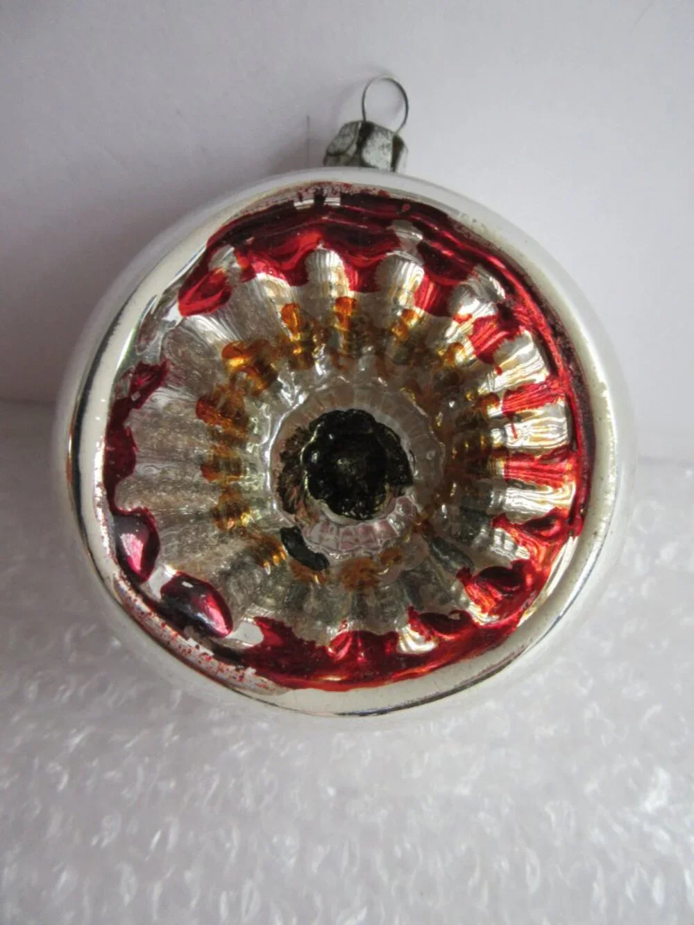 German Indent Glass Reflector Christmas Ornament Lot of 2 Pink Green Silver Vtg